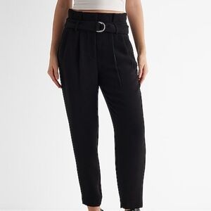 Women's Black Paperbag Belted Ankle Pants